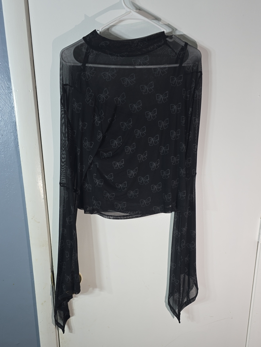 Black Sheer Long-Sleeve Mesh Top with Bow Pattern